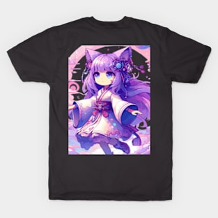 Otaku Cat Girl with Kimono in Magical Landscape. T-Shirt